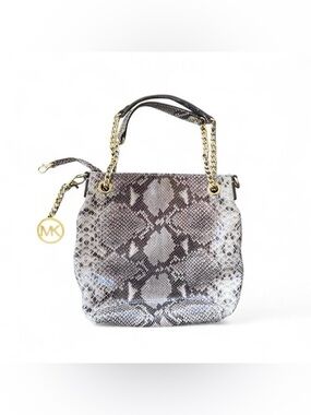 Michael Kors Snakeskin Print Shoulder Bag – Gold Chain Strap MK Charm Tote